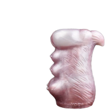 Vista laterale masturbatore silicone rosa antropomorfo con tre rilievi sferici e scritta YOCY