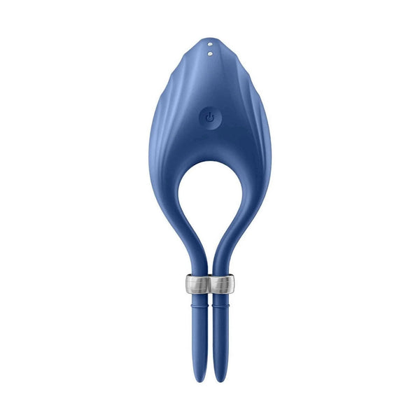 Vibratore anello Satisfyer Duelist blu con pulsante di accensione e fori per pulizia