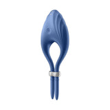 Vibratore anello Satisfyer Duelist blu con pulsanti power e dettagli di controllo