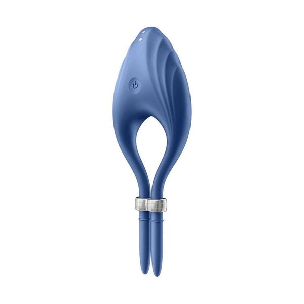Vibratore anello Satisfyer Duelist blu con pulsanti power e dettagli di controllo