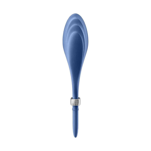 Vibratore anello Satisfyer Duelist blu in silicone con incisioni concentriche e anello metallico