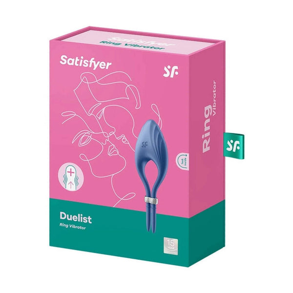 Confezione vibratore anello Satisfyer Duelist blu con garanzia 15 anni e modalità pulse