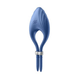 Vibratore anello Satisfyer Duelist blu in silicone con superficie ondulata e anello metallico