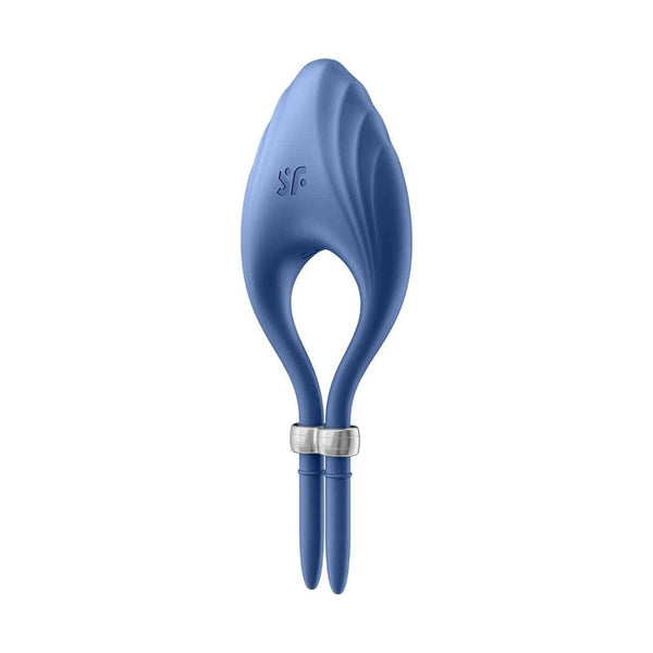 Vibratore anello Satisfyer Duelist blu in silicone con superficie ondulata e anello metallico