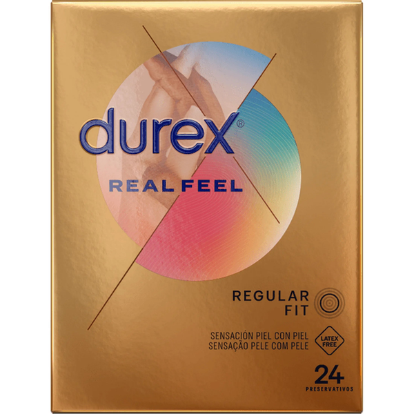 Confezione Durex Real Feel latex free 24 pezzi design colorato fronte