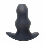 Vista frontale plug anale tunnel in silicone nero opaco base piatta