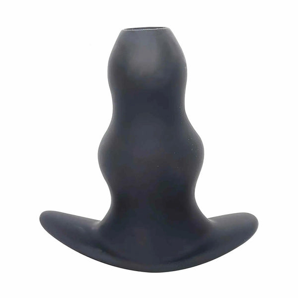 Vista frontale plug anale tunnel in silicone nero opaco base piatta