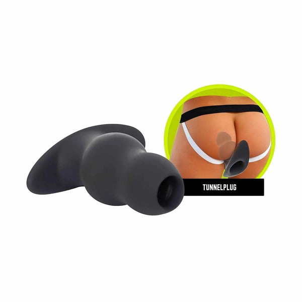 Plug anale tunnel in silicone nero opaco indossato con etichetta Tunnelplug