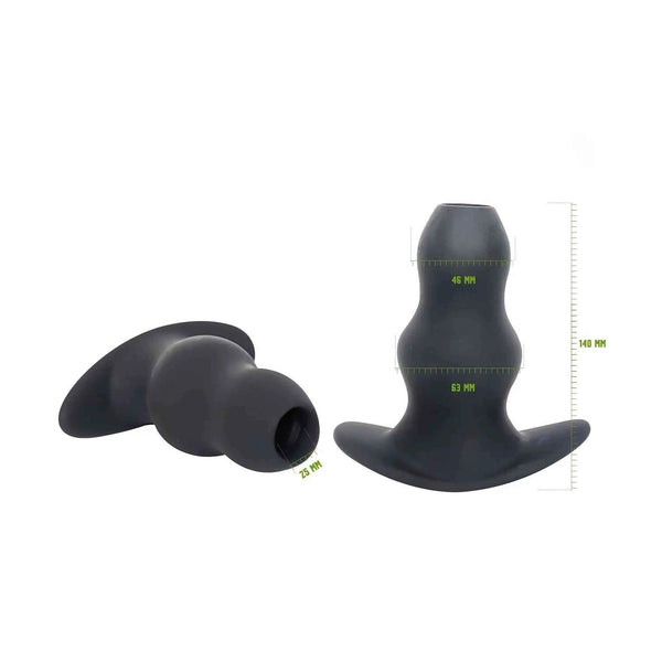 Plug anale tunnel in silicone nero opaco Taglia XL con misure e rilievi ondulati