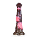 Dildo fantasy Eric verticale in silicone rosso e marrone con base squamata
