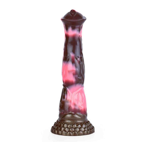 Dildo fantasy Eric verticale in silicone rosso e marrone con base squamata