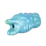 Vista frontale masturbatore maschile Evil Eye in silicone liquido iridescente blu-verde con dettagli facciali scolpiti