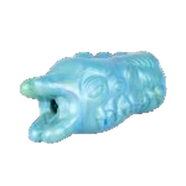 Vista frontale masturbatore maschile Evil Eye in silicone liquido iridescente blu-verde con dettagli facciali scolpiti