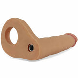 Vista laterale doppio dildo rosa carne pulsante vibrazione base ad anello
