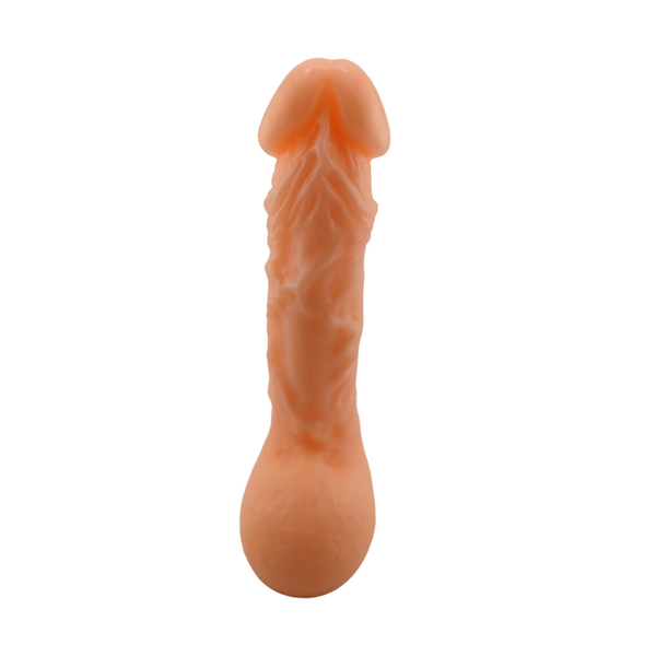 Vista frontale dildo anatomico in PVC morbido rosa carne con venature