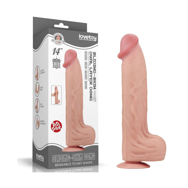 Confezione dildo realistico Lovetoy 36 cm con scatola bianca grigia e testo SLIDING-SKIN DONG