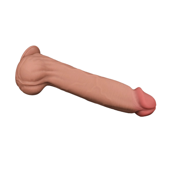 Vista laterale dildo realistico 36 cm in silicone colore carne con venature scolpite e base piatta