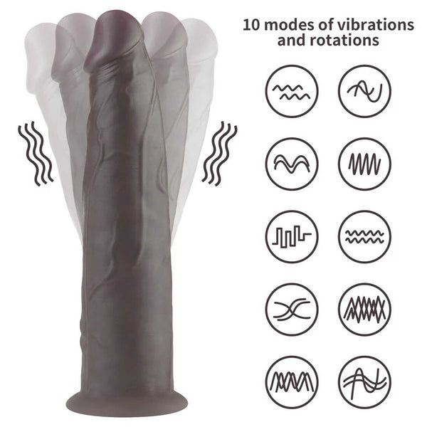 Illustrazione movimento fallo vibrante nero con 10 modalità vibrazione e rotazione dual layer