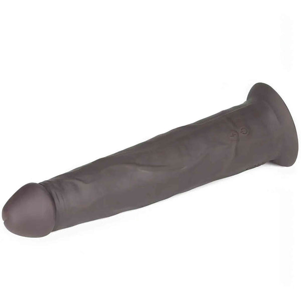 Profilo laterale dildo vibrante nero in silicone con simbolo rotazione centrale e texture vene