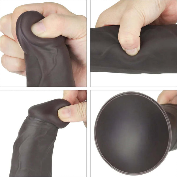 Dildo vibrante nero in silicone con base piatta circolare e corpo flessibile