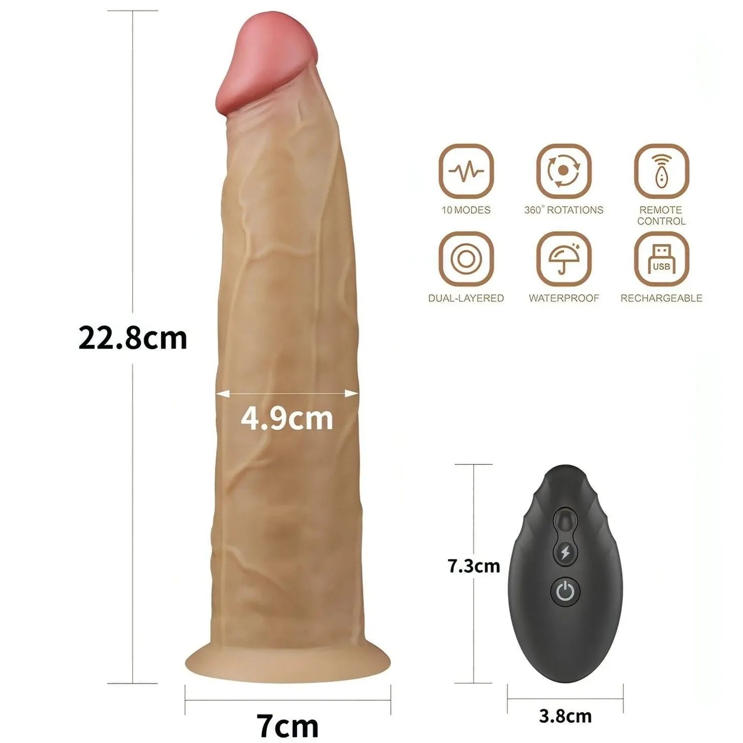 Fallo Ultra Realistico con 10 modalità di vibrazione e rotazione - Silicone, Comando Wireless - Rosa Carne, 9''
