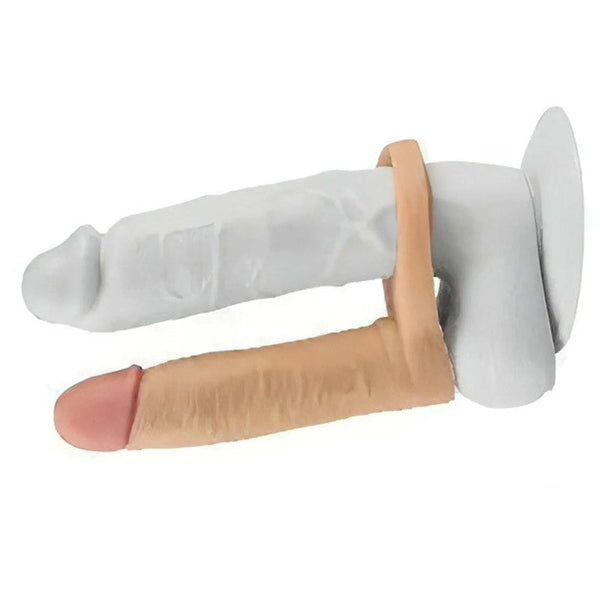 Dildo doppio per doppia penetrazione anello elastico grigio e carne