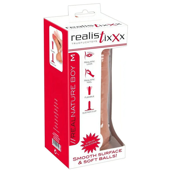 Confezione scatola dildo Real Nature Boy trasparente con icone caratteristiche silicone liquido