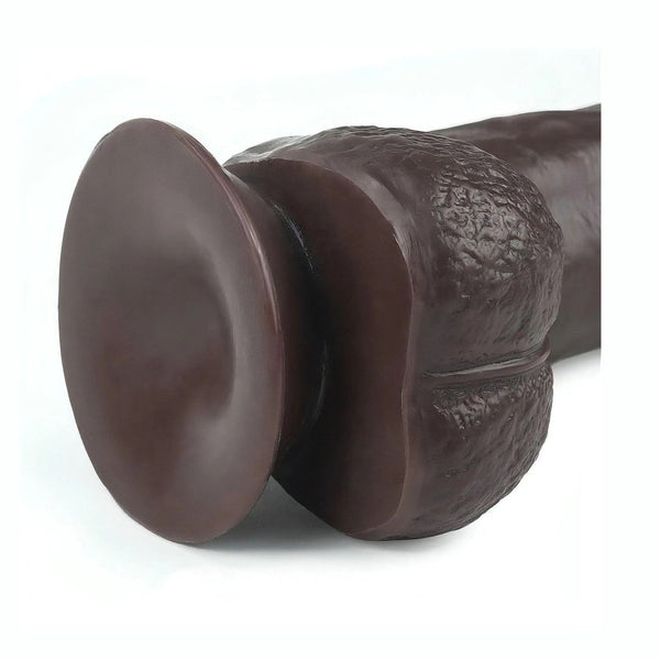 Dettaglio base adesiva circolare e texture testicolare dildo nero TPE