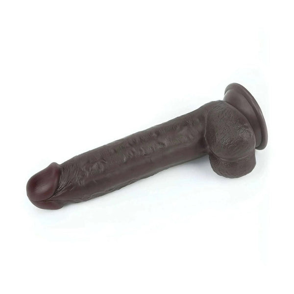 Dildo nero orizzontale con venature superficiali e base di supporto piatta