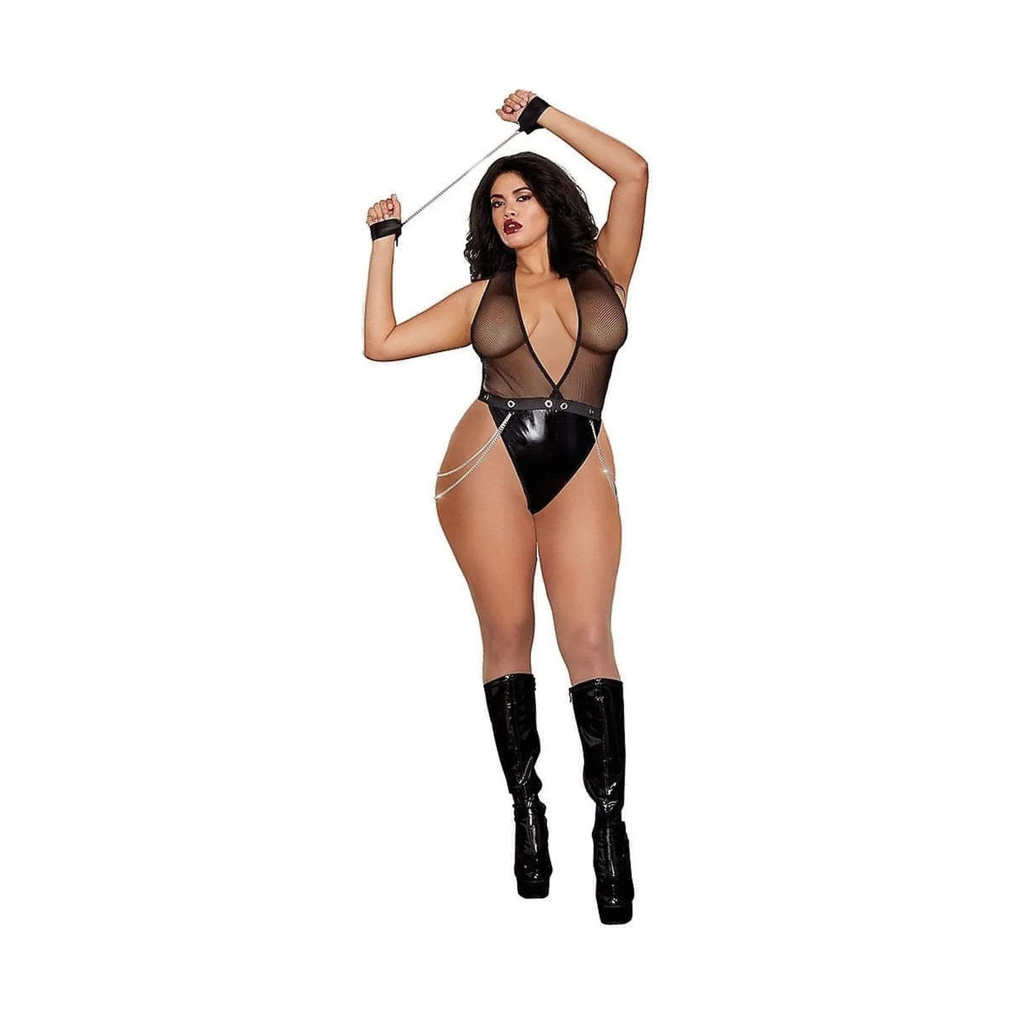 Faux-Leather Deep Plunge Halter Teddy - Plus Size