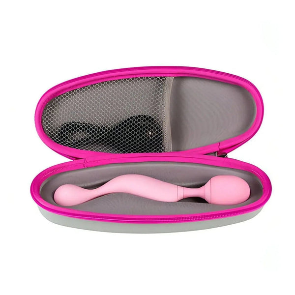 Custodia rigida rosa aperta contenente massaggiatore universale ricaricabile USB