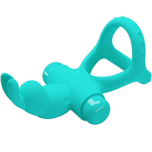 Anello vibrante doppio silicone turchese con stimolatore clitorideo coniglietto