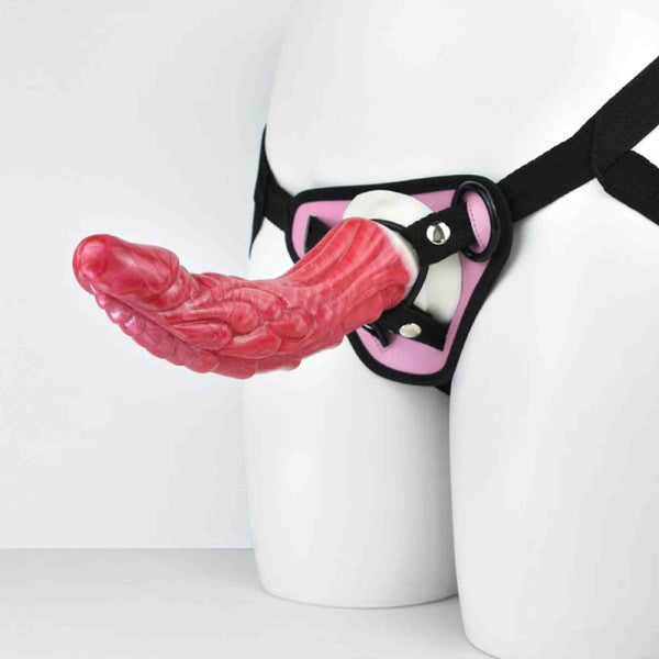 Supporto per pene rosso con inserto rosa e cinturino nero