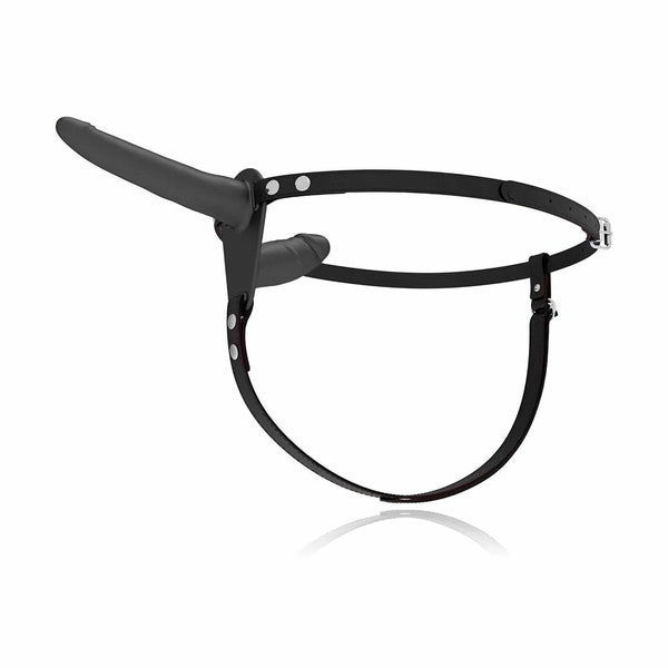 Vista laterale strapon doppio nero Flesh Up con inserti di diverse dimensioni