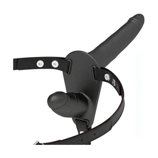 Dettaglio viti metalliche e cuciture cinturino in similpelle strapon nero Flesh Up
