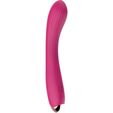 Vibratore vaginale rosa acceso con texture righe verticali e logo circolare