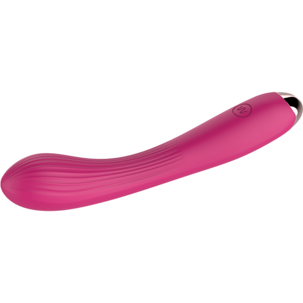 Vibratore G-spot rosa lato flessibile con texture righe verticali e punta metallica
