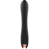 Vibratore G-spot nero ergonomico con simbolo accensione e punta metallica rosa oro
