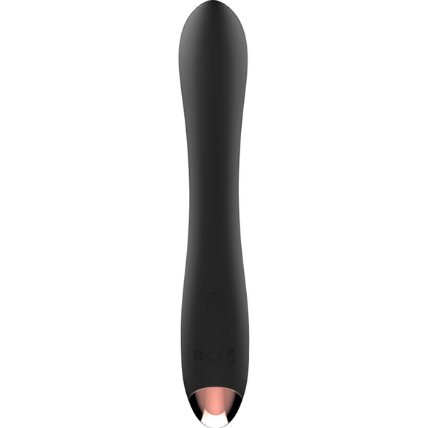 Vibratore G-spot nero ergonomico con simbolo accensione e punta metallica rosa oro