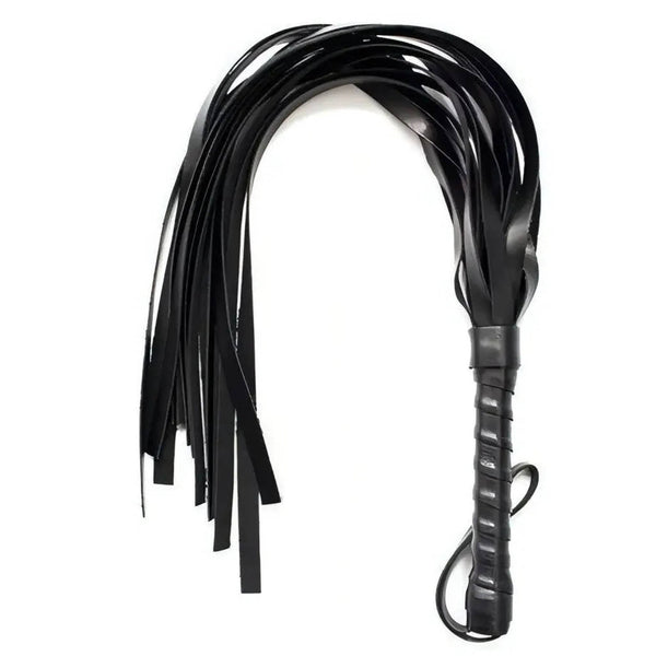 Frusta BDSM nera squash whip con frange compatte e presa testurizzata