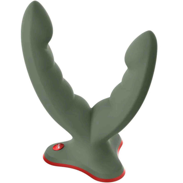Dildo Fun Factory Ryde verde oliva frontale a doppia testa con finitura opaca e base rossa