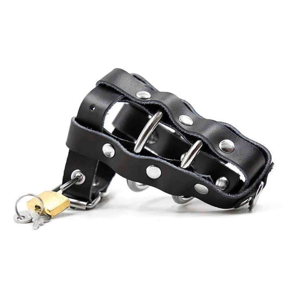 Gabbia per pene cuoio nero anelli metallici vista diagonale chiavi