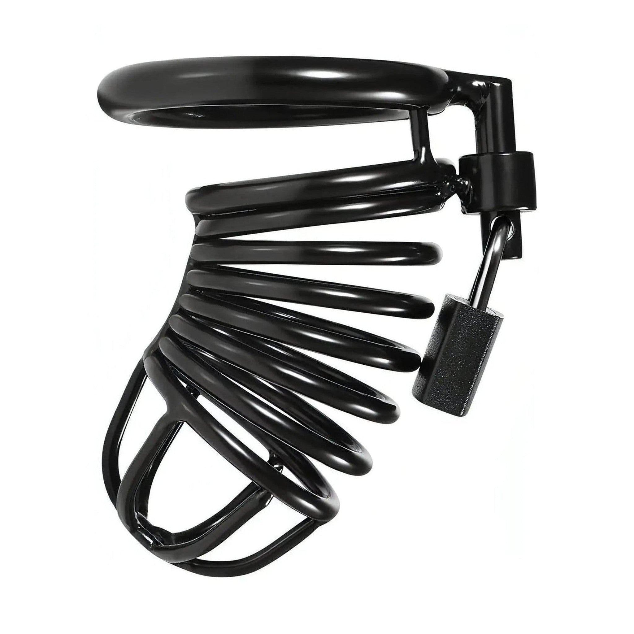 Gabbia di Casità Pene in Acciaio Nero Struttura a Spirale