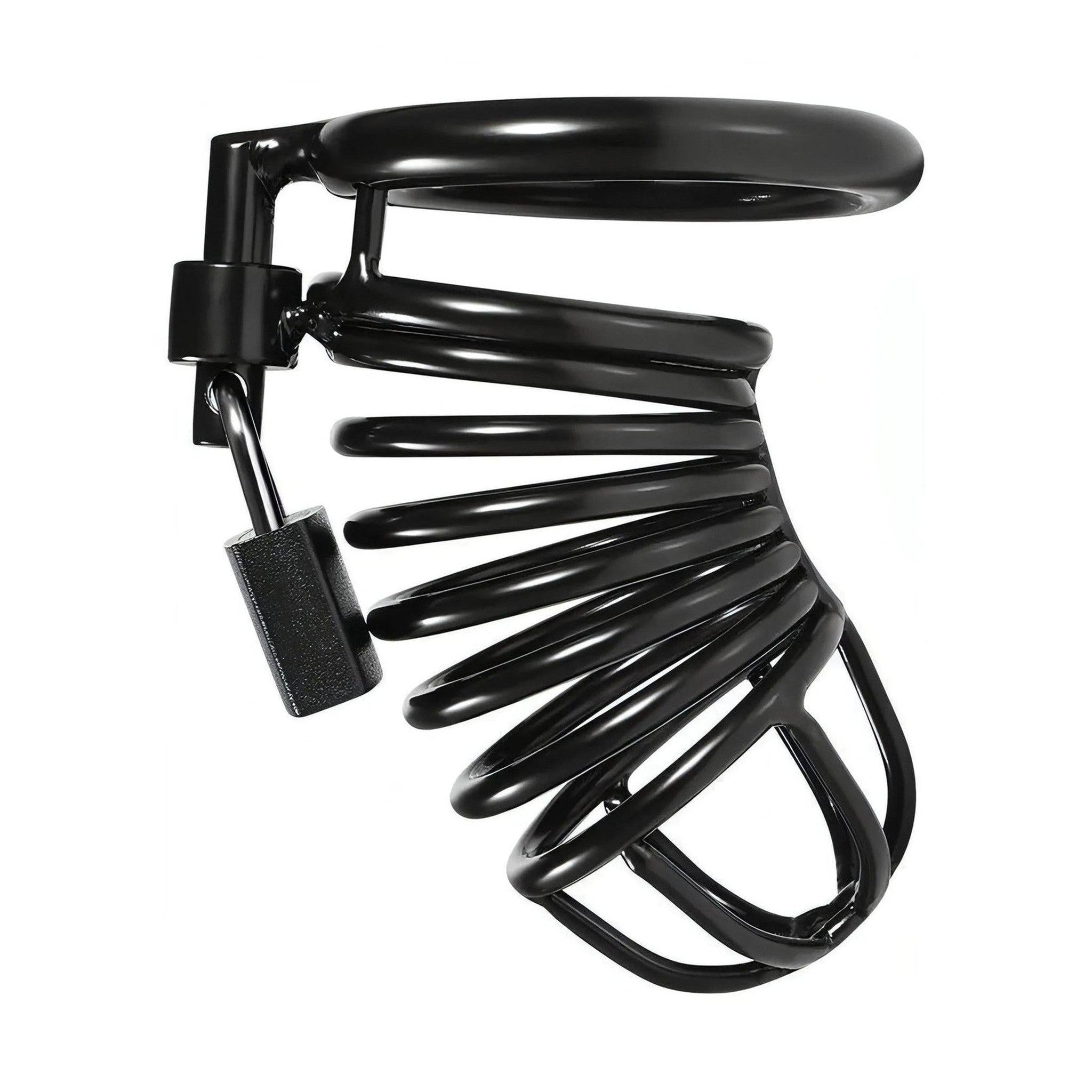 Gabbia di Casità Pene in Acciaio Nero Struttura a Spirale