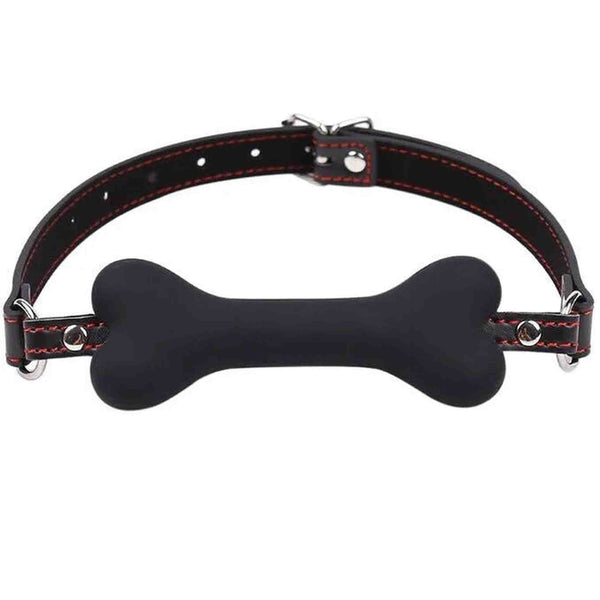 Collare pelle nera simmetrico con osso in silicone nero centrale