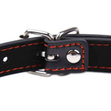 Collare pelle nera con cuciture arancioni fibbia argento e bottone pressione