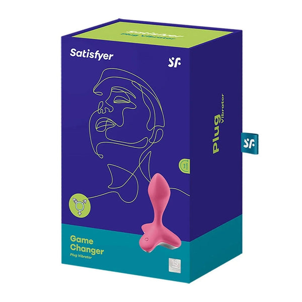 Confezione scatola blu Satisfyer Game Changer Plug Vibrator con illustrazione profilo giallo e garanzia 15 anni