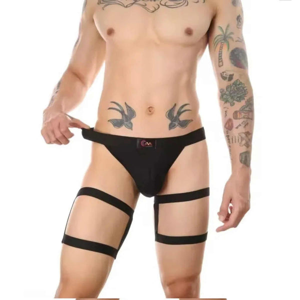 Garter harness nero uomo con fascia a mezza gamba e perizoma elastico