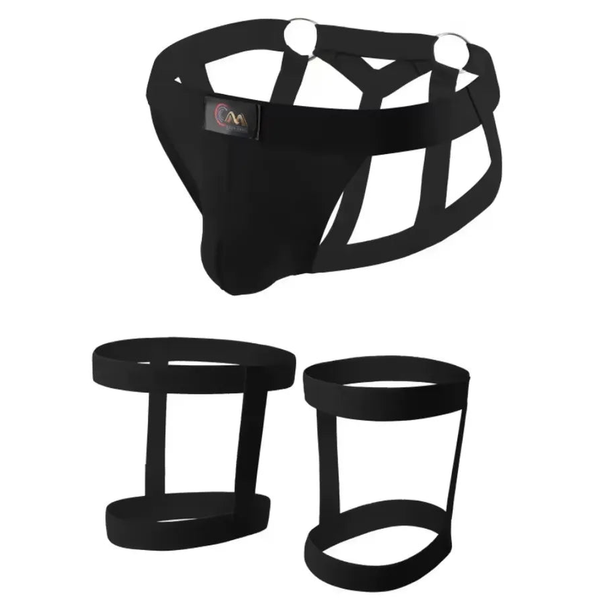 Garter harness nero uomo pezzi separati perizoma e fasce gambe elastiche