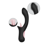 Vibratore rabbit nero ergonomico con lingua rosa dettagliata